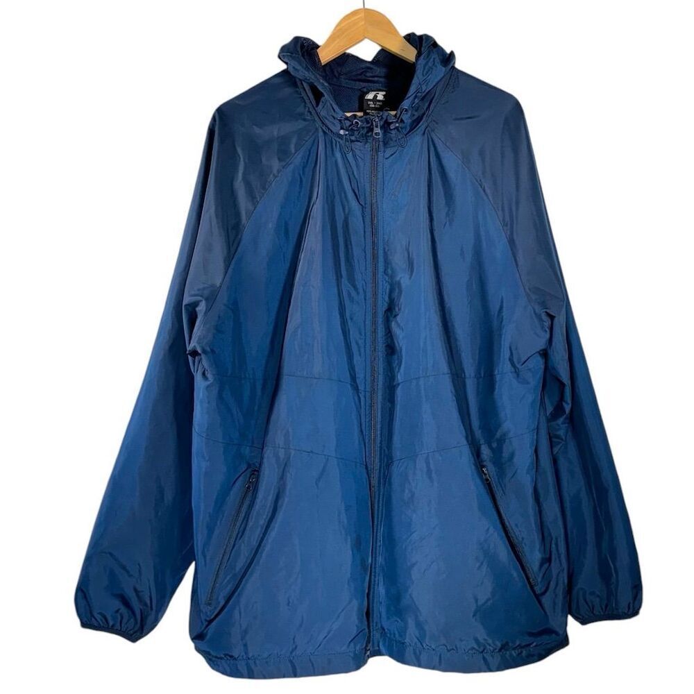 Russell Athletic Blue Hooded Windbreaker Jacket‎ Coat Full Zip Men’s XXL Outdoor